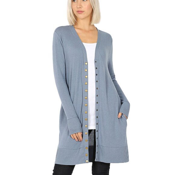 ZENANA Long Sleeve Snap Front Cardigan Sweater With Pockets Dusty Blue L NWT - Picture 1 of 11